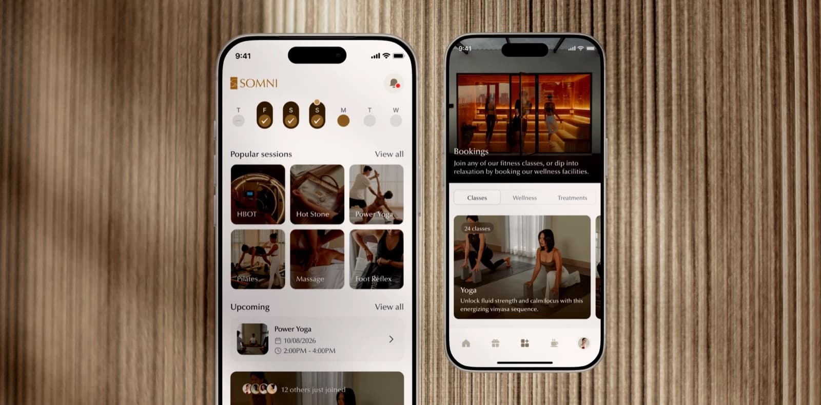 Somni member app home and bookings screens on two phones